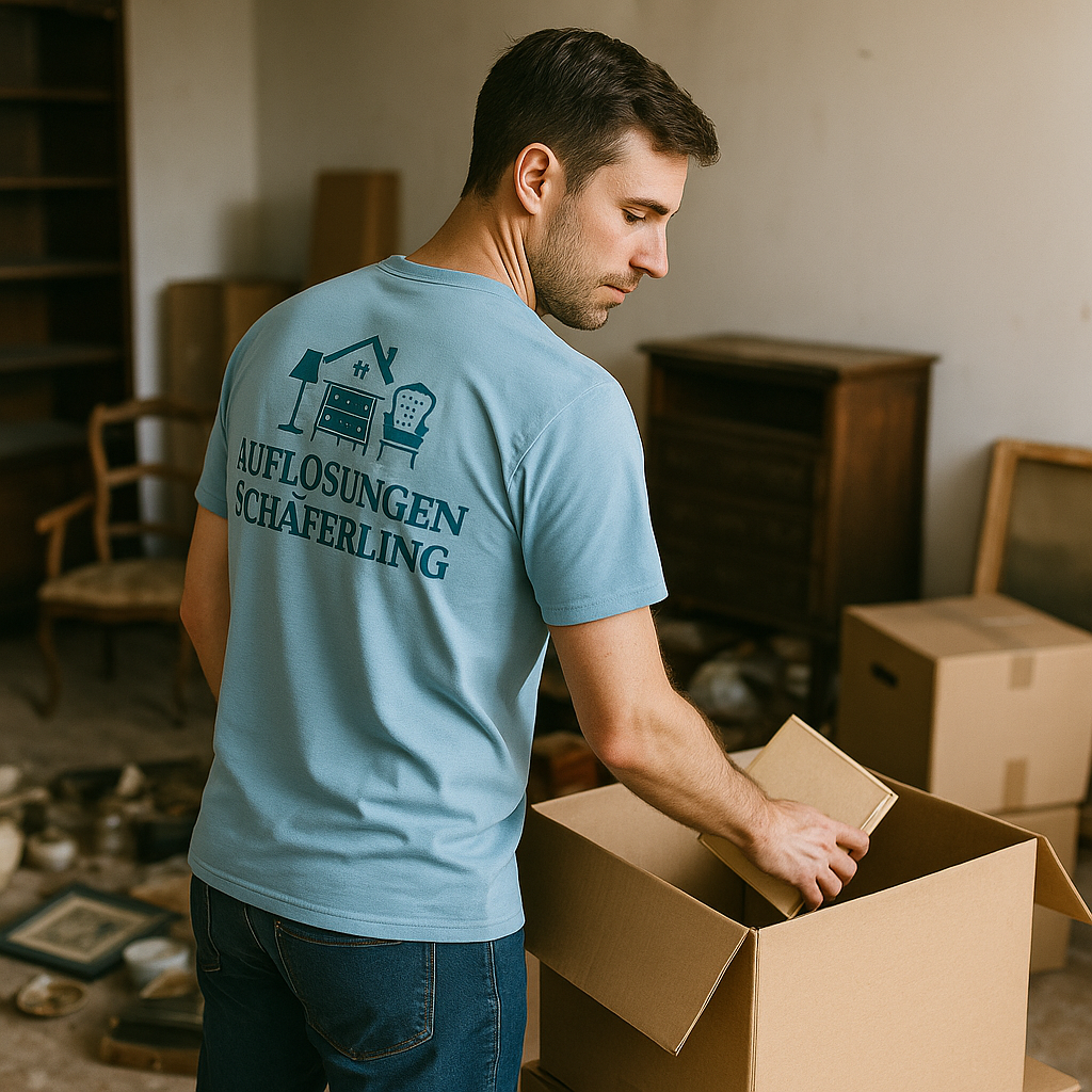 Haushaltsauflösung Lauingen mit Auflösungen Schäferling – fachgerechtes Verpacken durch erfahrene Mitarbeiter in blauer Firmenkleidung.