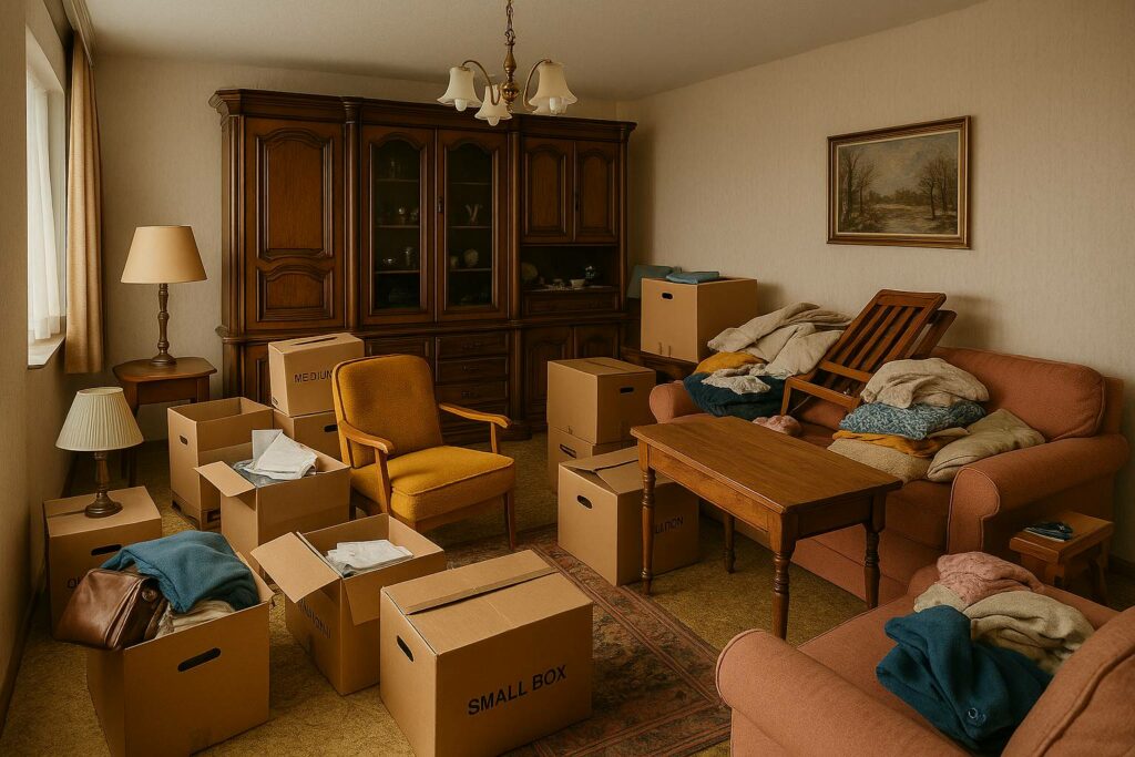 Wohnraum während einer Haushaltsauflösung in Lauingen – Umzugskartons, Möbel und besenreine Übergabe im Vergleich. Professionelle und transparente Durchführung.